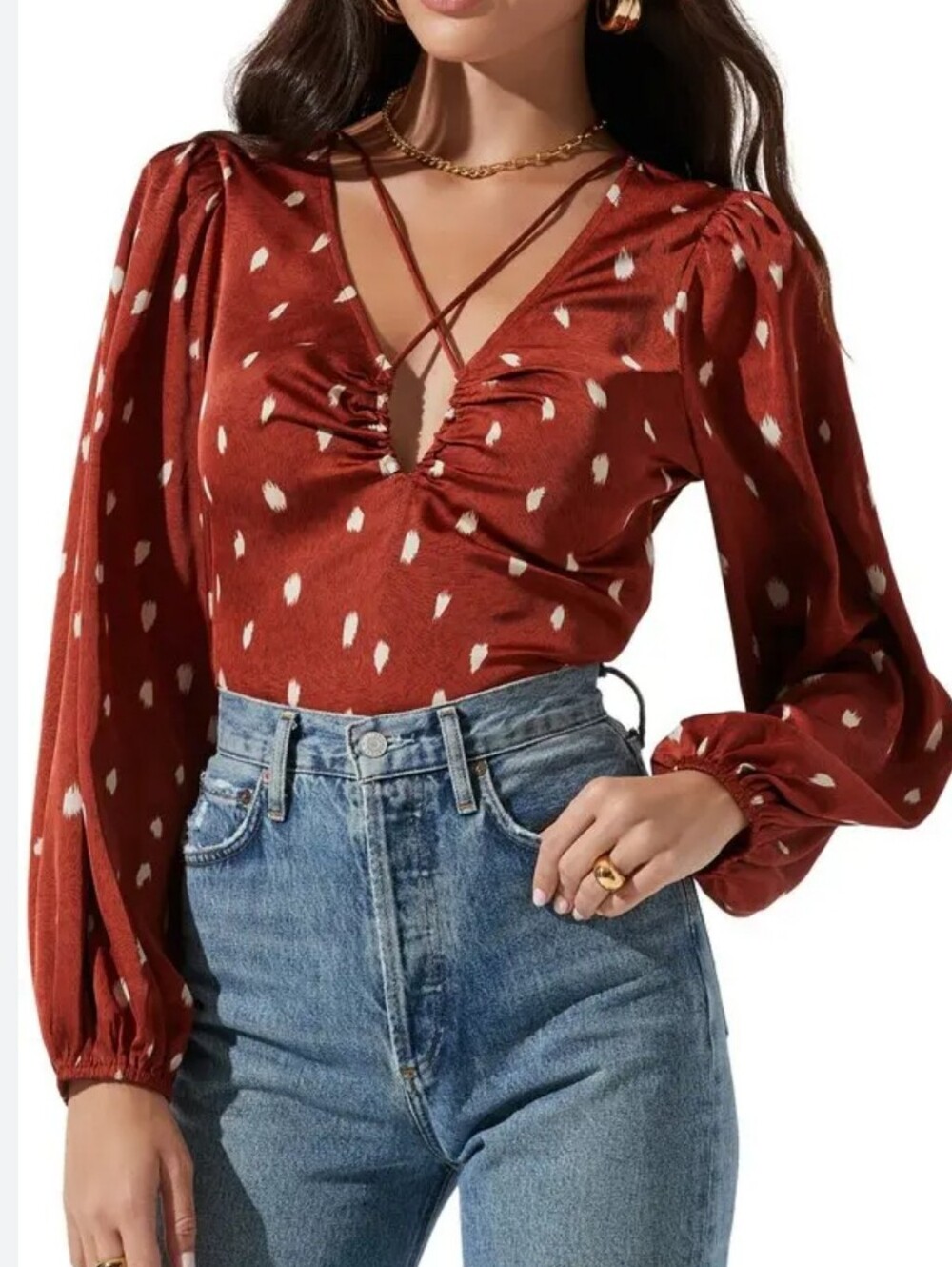 Astr The Label Rust Print Brown Dot Ruched Keyhole V-Neck Long-Sleeve Top Medium
